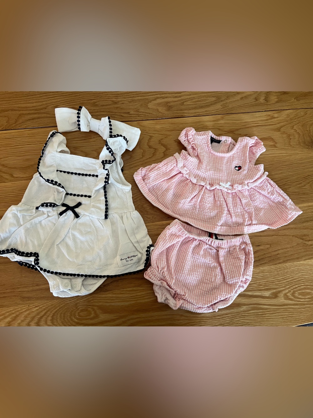Tommy Hilfiger Baby Girl 6-9M 2 Outfit Bundle Pink Stripe White Bow Ruffle